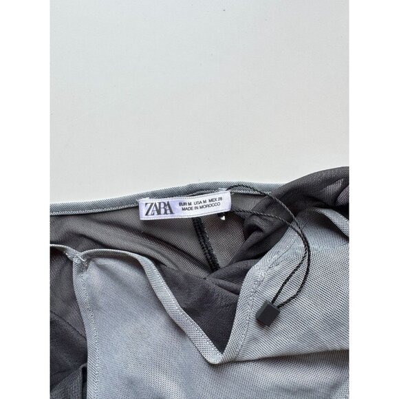 ZARA Grey Orange Landscape Print Mesh Long Sleeve Ruched Maxi Dress, Size M - Picture 13 of 16